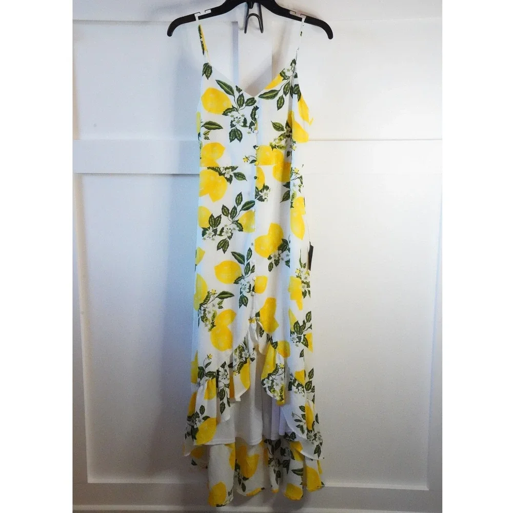 NWT, Lulus, Afternoon Air Yellow Lemon Print High-Low Ruffle Midi Dress Size M‎